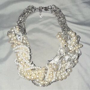 Cream Pearl Cluster Statement Necklace with Silver Chain